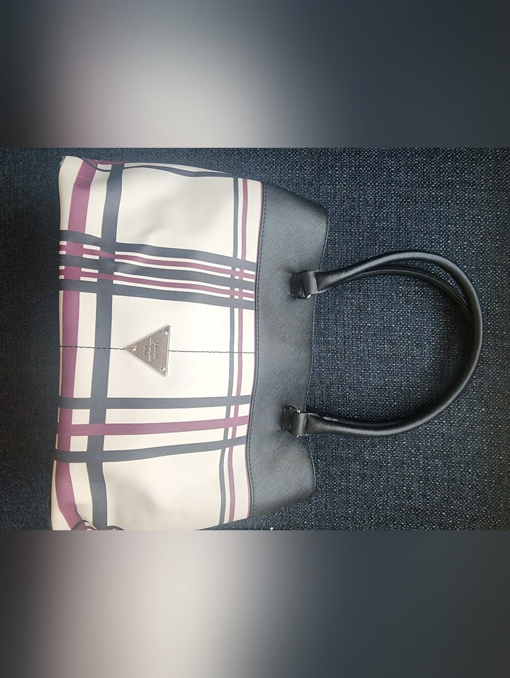 GUESS Plaid Tote Satchel Handbag Black Burgundy Cream Structured FF626407